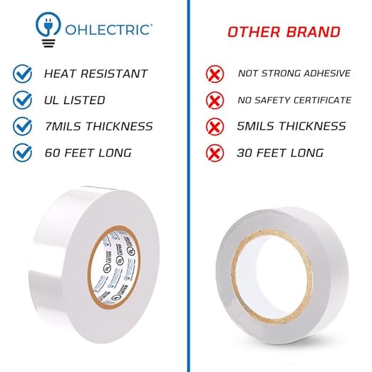 OHLECTRIC Professional Grade Vinyl Electrical Tape (20 Pack) White - 7 Mil Thick Flame-Retardant, Heat & Weather Resistant 3/4 Inch x 60 Feet | Ideal for Contractors & Electricians