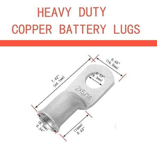 Heavy Duty Tinned Battery Ring Terminals, 2 AWG 5/16" Stud (25 pcs.), 2 Gauge Copper Connectors, Tubular Ring Terminals