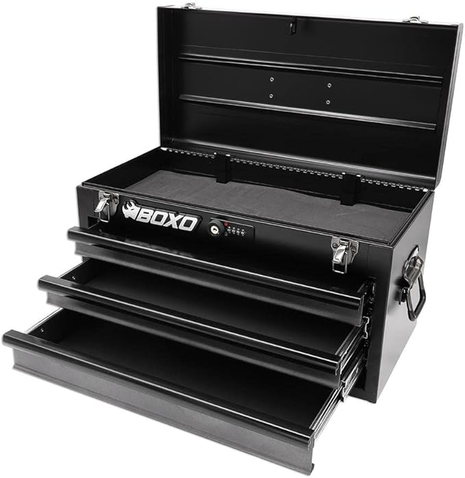 Boxo USA Hand Carry Tool Box 3-Drawer Heavy Duty Steel Toolbox with Lock System (Black)