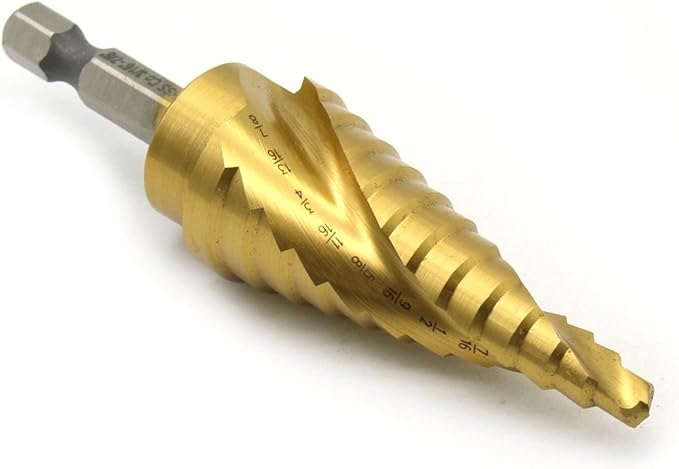 TEMO M35 Cobalt Spiral Flute Step Drill with Titanium Coating, 12 Sizes 3/16 Inch (4.8 mm) to 7/8 Inch (22.2 mm), 1/4 Inch Hex Shank