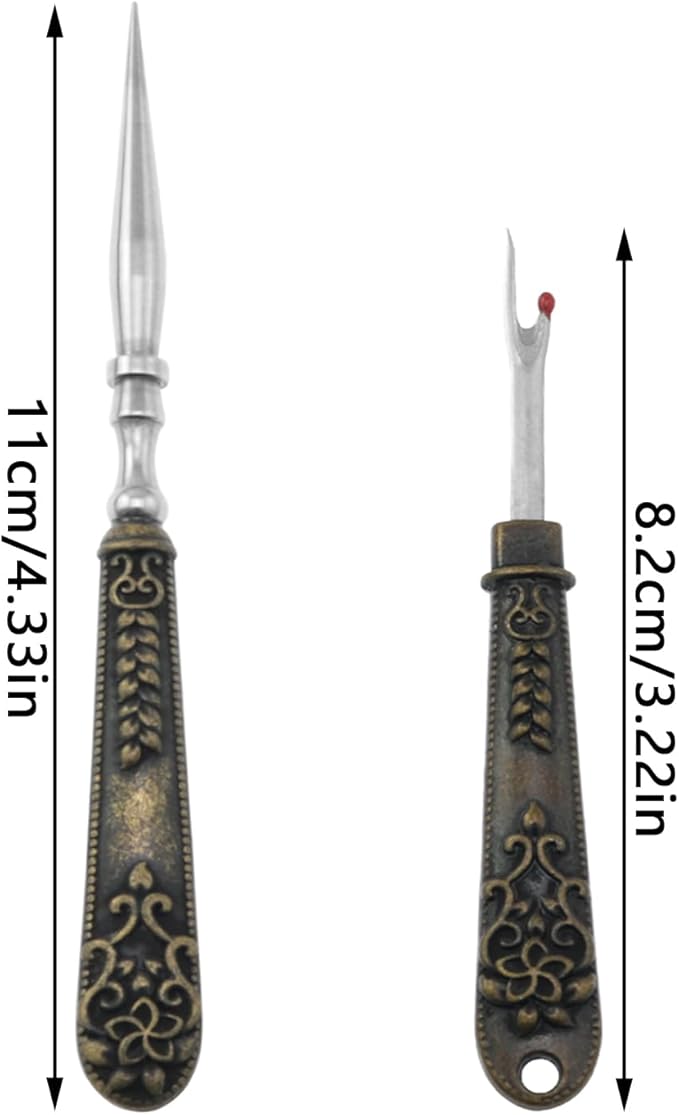 yyangz 1 Set Vintage Carving Awl Mini Seam Ripper Antique Brass Zinc Alloy Stainless Steel Hand Sewing Steel Needle Shoe Repair Punch Tool