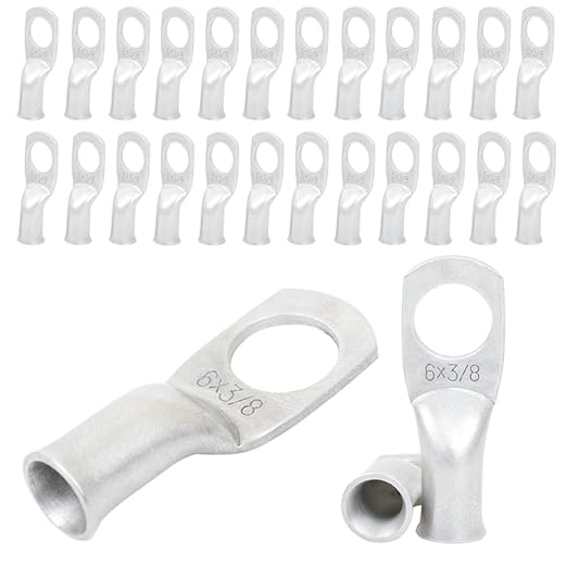 Heavy Duty Tinned Battery Ring Terminals - 6 AWG 3/8" Stud (25 pcs.), Copper Wire Lugs, Bare Copper Eyelets, Tubular Ring Terminal Connectors