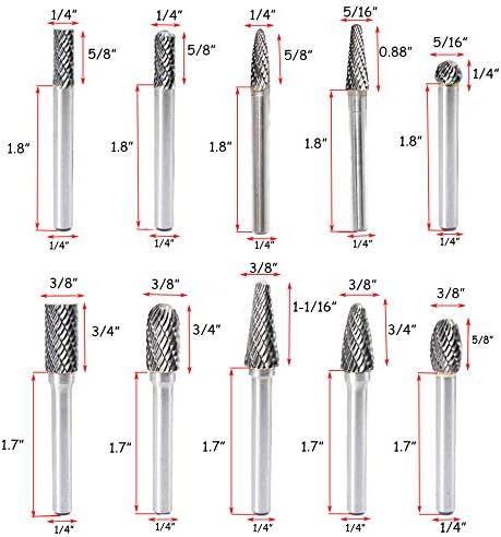 Carbide Burrs Set 1/4 Inch Shank Double Cut Solid Carbide Rotary Burr Set for Die Grinder Drill, Metal Carving, Polishing, Engraving, Drilling(10pcs)