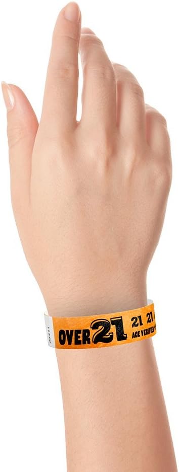 500 WristCo Over 21 Neon Orange Tyvek Wristbands for Events - ¾” x 10” - Waterproof Recyclable Comfortable Tear Resistant Paper Bracelets Wrist Bands for Concerts Festivals Admission Party