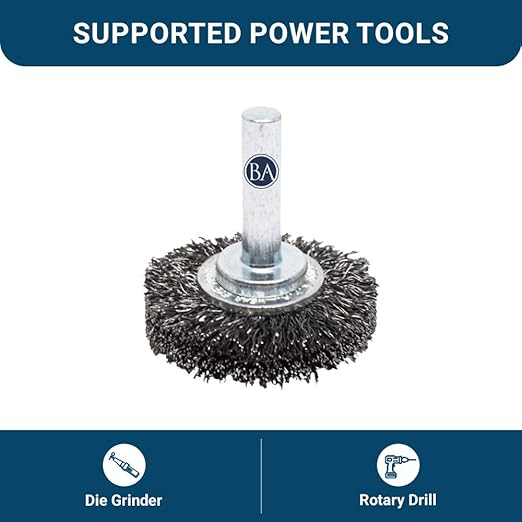 Benchmark Abrasives 1-1/2 Inch Grinder Mounted Crimped Wire Wheel for Drill with 1/4" Shank, Steel Brush for Rust Removal, Cleaning, Deburring on Cast Iron, Steel Rotary Tools (5 Pack) - Carbon Steel