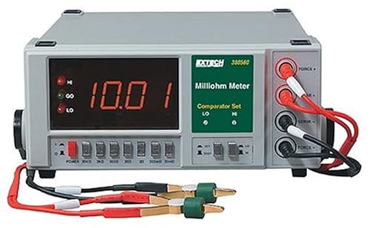 Extech 380560 Precision Milliohm Meter - High Accuracy 4-Wire Digital Low Resistance Tester with Kelvin Clips, 3 Ranges from 200mΩ to 2000Ω, Large LCD Display, Data Hold & Auto Power Off