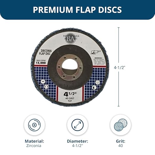 Benchmark Abrasives 4.5" x 7/8" Premium Zirconia T27 Flat Flap Discs 4 1/2 for Angle Grinder, Sanding Discs, Finishing - Grinding Wheels 4 1/2 Inch (10 Pack) - 40 Grit