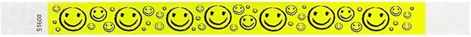 500 WristCo Yellow Smiley Face Tyvek Wristbands for Events - ¾” x 10” - Waterproof Recyclable Comfortable Tear Resistant Paper Bracelets Wrist Bands for Concerts Festivals Admission Party