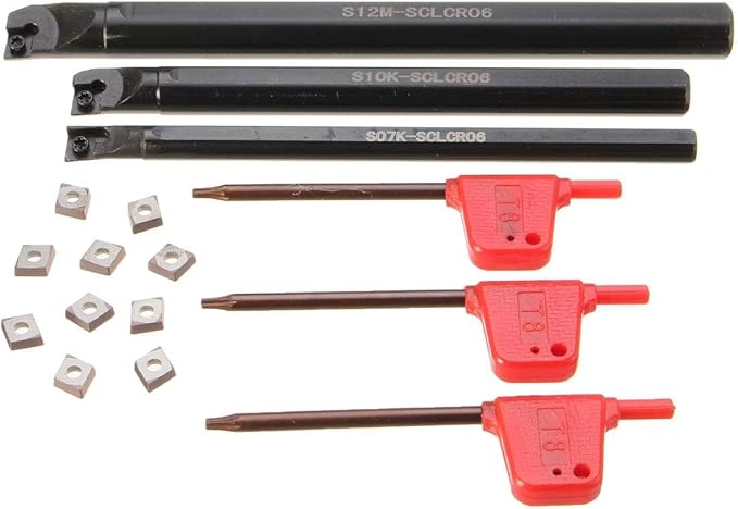 13PCS Indexable Lathe Turning Tool Kit,3pcs Metal Lathe Tool Holder S07K/S10K/S12M-SCLCR06 with 10pcs CCMT060204 Carbide Inserts for Cutting Threading Grooving