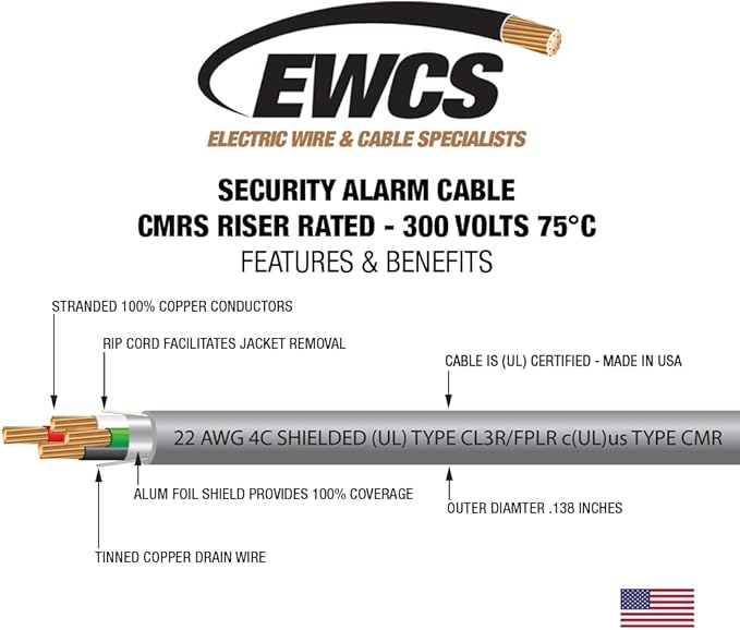 22 AWG 4/C Stranded 100% Copper EWCS CMR Riser Rated Shielded Sound & Security Cable UL Listed 300 Volts - 1000 Feet