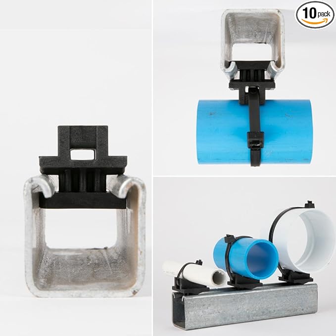 Strut Clamp for Piping and Conduit (10pcs & 100pcs), 3/8" to 5" Universal Size, Tool-Free Install, Made in USA, Non-Corrossive, Non-Conductive. (Uniclamp + Nylon Strap + HDPE Sleeve, 10)