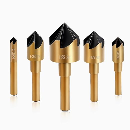 Aleric Countersink Drill Bit Set, High Speed Steel Counter Sinker Drill Bit 5Pcs 5 Flute 6mm Hex Shank with 82 Degree Mill Cutter Bit Countersink Bits for Wood Metal in Size 1/4” 3/8” 1/2” 5/8” 3/4”