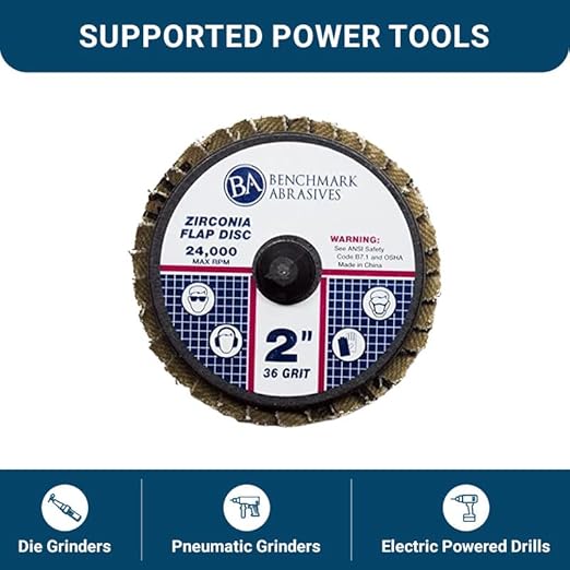 Benchmark Abrasives 2" Quick Change Zirconia Flap Disc Grinding Wheel with Male R-Type Back Design - Cleaning Finishing Deburring of Irregular Surfaces - for Die Grinder & More (10 Pack) 36 Grit