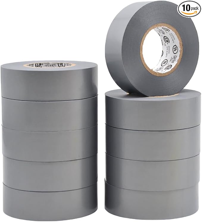 WOD ETC766 Professional Grade General Purpose Gray Electrical Tape UL/CSA Listed core. Vinyl Rubber Adhesive Electrical Tape: 1 inch X 66 ft - Use at No More Than 600V & 176F (Pack of 10)