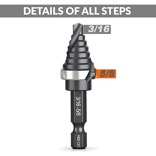 THINKWORK M35 Cobalt Spiral Flute Step Drill Bit, Single Size HSS Step Bit 5/8", Small Size EDC 1/4" Shank Step Bits for Metal, Carbon Steel, Stainless Steel, Wood, Plastic