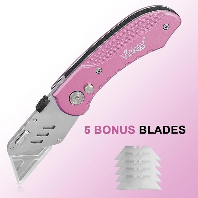 Vickay Box Cutter Utility Knife Heavy Duty with 5 SK5 Quick Change Blades, Safety Axis Lock Design Razor Knife, Lightweight Aluminum Body Belt Clip for Office (Pink)