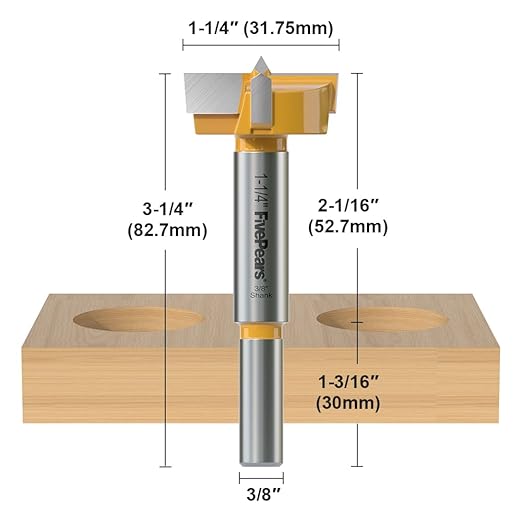 FivePears Forstner Drill Bit 3/8 inch Shank, 1-1/4 inch Cutting Diameter, Carbide Tipped Wood Hole Saw Auger Opener, Hole Opener Hinge Hole Cutter for Woodworking, Plastic, Plywood Products