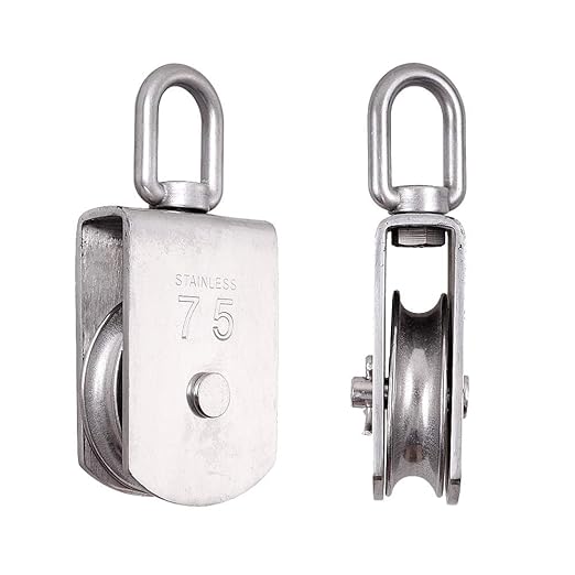 Rocaris 2 Pack M75 Lifting Single Pulley Roller Loading 1700Ibs, 304 Stainless Steel Heavy Duty Single Wheel Swivel Lifting Rope Pulley Block