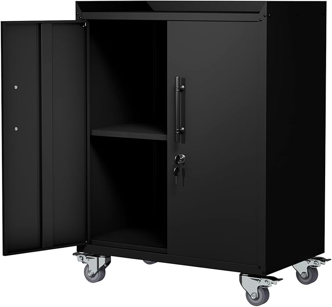 Storage Cabinet with Wheels,Locking Storage Cabinet with Drawer and Adjustable Shelf, Metal Cabinet,Rolling Tool Cabinets for Garage, Assembly Required (18.1" D x 30.3" W x 35.4" H)