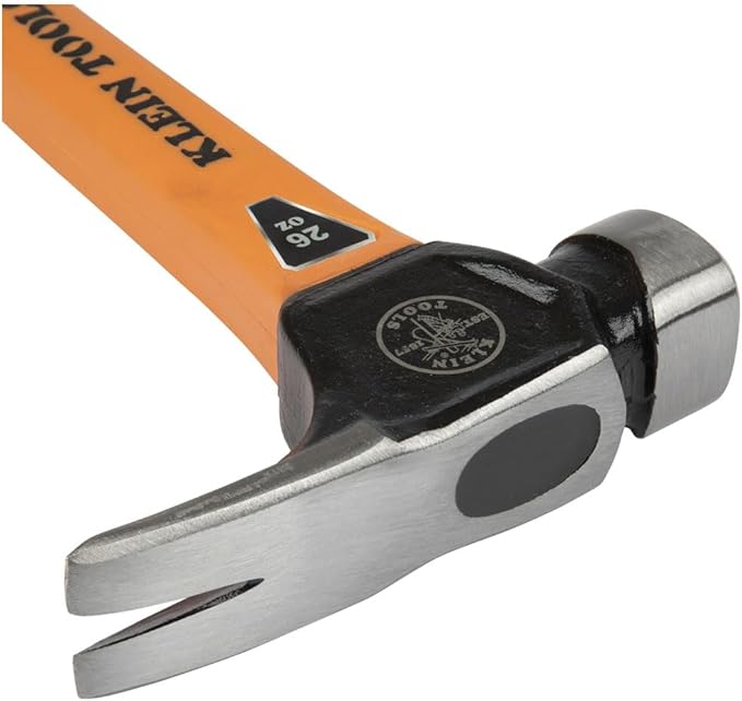Klein Tools 832-26 Lineman's 26-Ounce Claw Milled Hammer, Fiberglass Handle, Heavy Duty for Utility Poles, Milled Face, High Visibility Orange