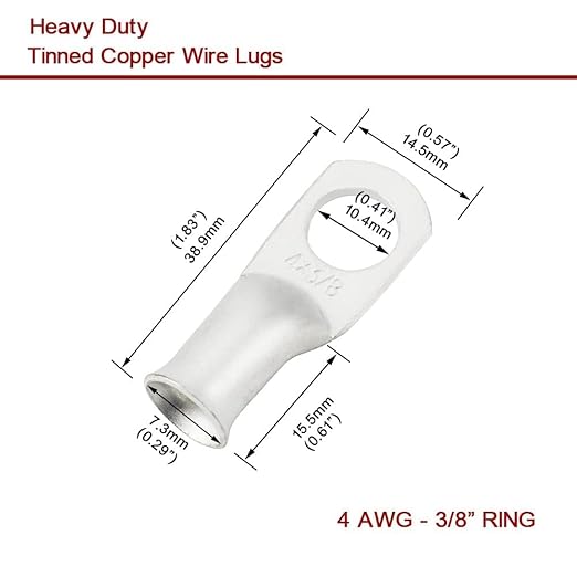 16Pcs 4 AWG 3/8" Stud Heavy Duty Tinned Copper Wire Lugs with 16Pcs Heat Shrink Tubing Ring Terminals Battery Cable Ends Bare Copper Eyelets