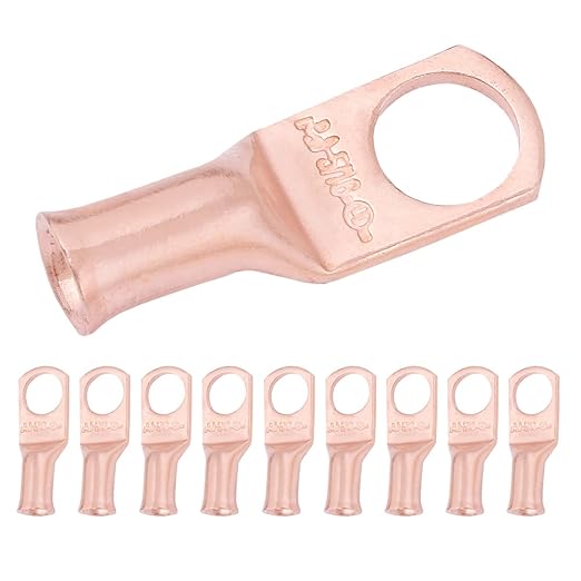 SELTERM 10pcs 8 AWG - 5/16" Stud - Battery Lugs, Heavy Duty Wire Lugs, Ring Terminals, Battery Cable Ends,8 Gauge Terminals, UL Bare Copper Eyelets Electrical Battery Terminal Connectors