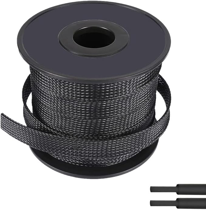 100ft-1/4inch PET Expandable Braided Sleeving Wire Loom Cable Sleeves Automotive Wire Sleeve Cable Management Wrap Wire Protector Tubing Desk Wire Organizer for Home, Office, Audio HDMI Cable, Black