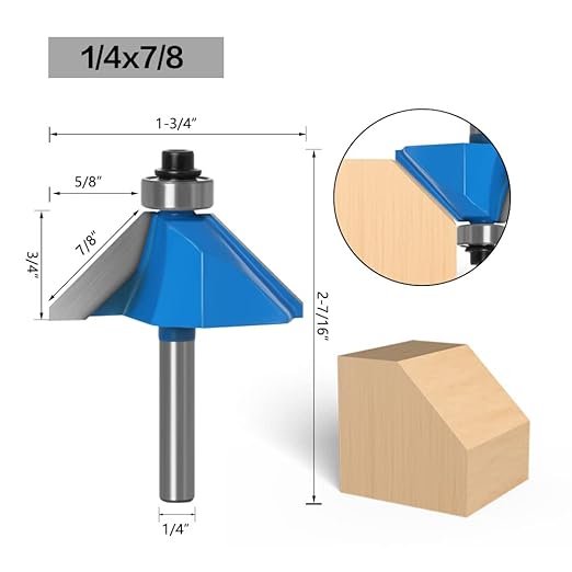 WSOOX 45 Degree Chamfer Router Bits with 1/4" Shank 4PCS Bevel Edge Forming Router Bits (Cutting Diameter:5/8",3/4",7/8",1")