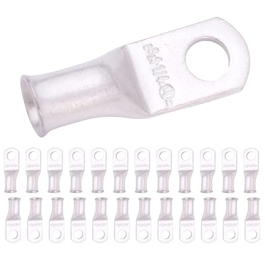 SELTERM 25pcs 4 AWG 1/4" Stud Marine Grade Tinned Copper Battery Cable Lugs, 4 Guage Ring Terminals, UL Wire Lugs Electrical Battery Cable Ends, Tinned Copper Lugs Battery Terminal Connectors