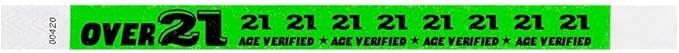 500 WristCo Over 21 Green - Tyvek Wristbands for Events - ¾” x 10” - Waterproof Recyclable Comfortable Tear Resistant Paper Bracelets Wrist Bands for Concerts Festivals Admission Party