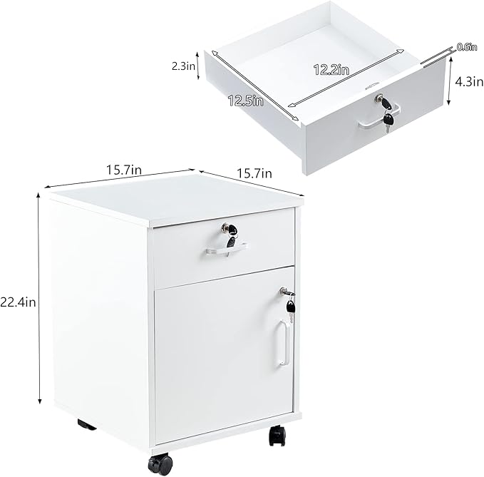 CLIPOP Rolling Storage Cabinet with Drawer, Home Office Cabinet with Lock, Under Desk Storage Cabinet for Home Office (White)