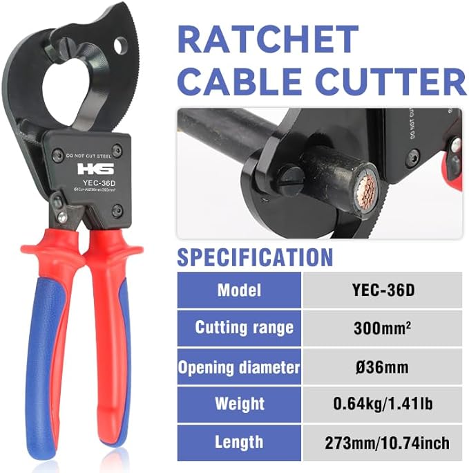 HKS Ratchet Cable Wire Cutter Heavy Duty for Cutting Electrical Aluminum Copper and Multi-core Cables up to 300mm² YEC-36D