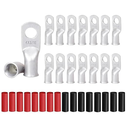 16Pcs 4 AWG 5/16" Stud Heavy Duty Tinned Copper Wire Lugs with 16Pcs Heat Shrink Tubing 4 Gauge Battery Cable Lugs Ring Terminals Battery Cable Ends Bare Copper Eyelets
