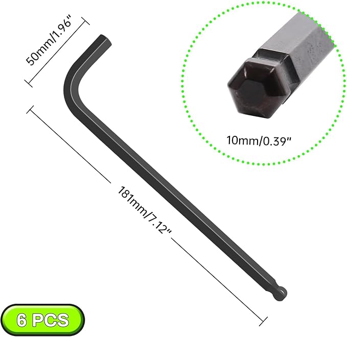 10mm Ball End Hex Key Set, 6pcs L-Shaped Allen Wrenches Long Arm, CR-V Steel, Black Oxide Finish, High Torque Repairing Tool for Furniture, Bike, Equipment Maintenance