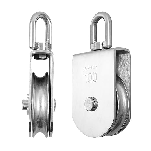 Rocaris 2Pcs M100 Lifting Single Pulley Roller Loading 3300Ibs, 304 Stainless Steel Heavy Duty Single Wheel Swivel Lifting Rope Pulley Block