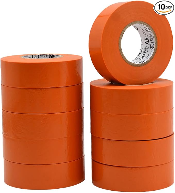 WOD ETC766 Professional Grade General Purpose Orange Electrical Tape UL/CSA Listed core. Vinyl Rubber Adhesive Electrical Tape: 1 inch X 66 ft - Use at No More Than 600V & 176F (Pack of 10)