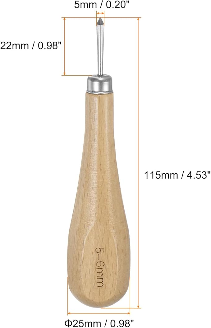 HARFINGTON Handwork Sewing Awl 5mm Rhombus Taper Stitch Leather Punch Hole Tool with Wooden Handle Scratch for Leather Craft Drilling Stitching Repair and DIY Handmade, Log Color