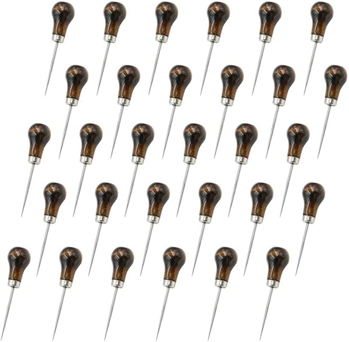 30PCS Wooden Handle Gourd Shape Scratch Awl Tool Pin Punching for Leather Pouch Hole DIY Handmade