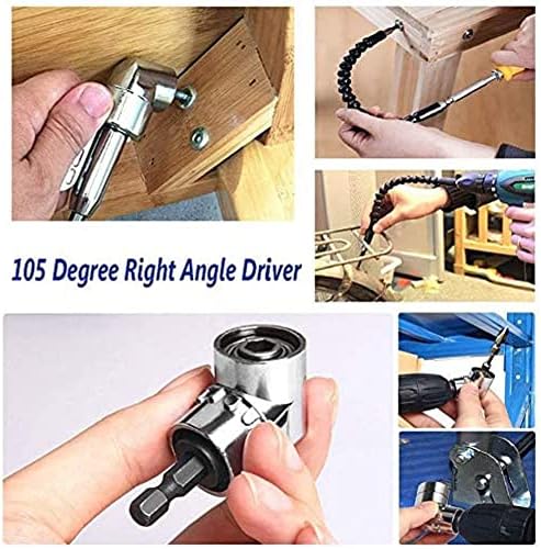 105 Degree Right Angle Driver Angle Extension Power Screwdriver Drill Attachment with 1/4 Drive 6mm Hex Bit Magnetic Drill Bit Socket Angled Bit Power Drill Tool and Soft Shaft