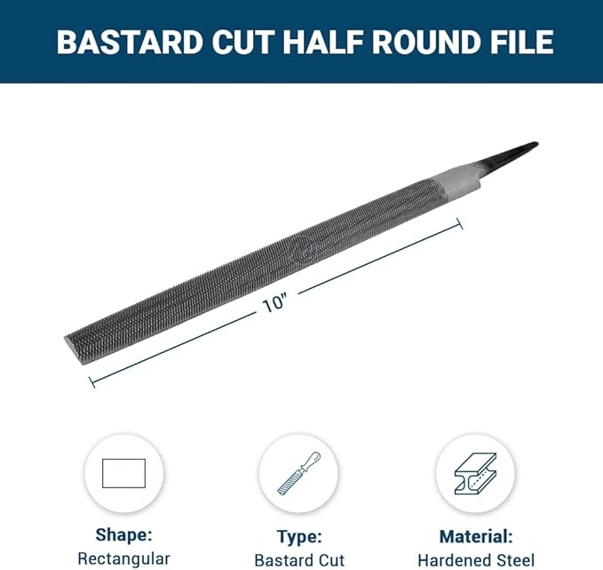 Benchmark Abrasives 10" Bastard Cut Half Round Aluminum Hand File, Hardened Steel File, for Filing Soft Metal, Aluminum, Tin, Iron, Copper, Plastic, Hard Wood, Metalworking (10")