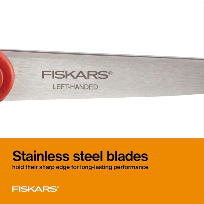 Fiskars All-Purpose Left-Handed Scissors - Ergonomically Contoured - 8" Stainless Steel - Paper and Fabric Scissors for Office, Arts, and Crafts - Red
