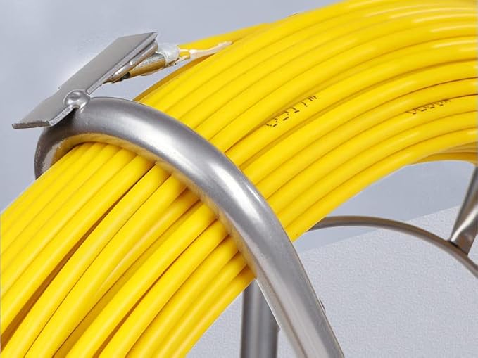425FT Fish Tape Fiberglass 1/4 inch(6MM) Fishing Wire Puller Duct Rodder Cable Running Electrical Fishtape Tool Rod with Steel Reel Stand through Wall Pipe Length Marking In Meter