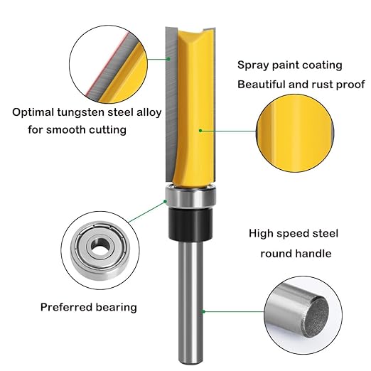 Pattern Flush Trim Bit 4 Pcs Router Bits，Top Bearing Flush Trim Bits Set，1/4 Inch Shank ,Cutting Length 1/2", 3/4", 1", 1-1/2"，Template Guide Woodworking Milling Cutter Tool