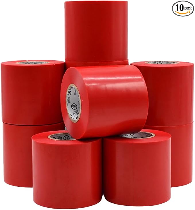 WOD ETC766 Professional Grade General Purpose Red Electrical Tape UL/CSA Listed core. Vinyl Rubber Adhesive Electrical Tape: 3 inch X 66 ft - Use at No More Than 600V & 176F (Pack of 10)