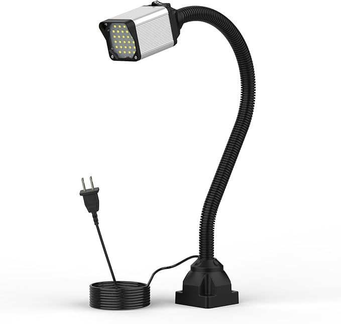 LED lathe Work Light, 20in Flexible GooseneckLamp with 28LEDs, 1200 Lumen Machine Light for Lathe CNc Milling Drill Press Sewing Machine Industrial Lighting, 120V(Base with 4screw holes)