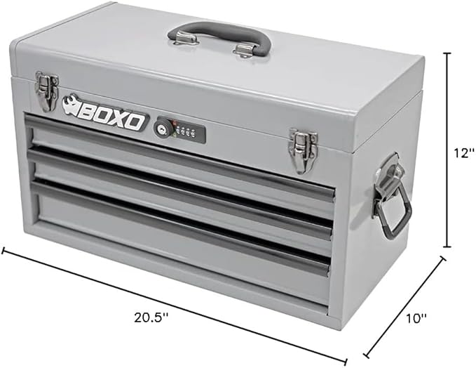 Boxo USA Hand Carry Tool Box 3-Drawer Heavy Duty Steel Toolbox with Lock System (Nardo Gray)