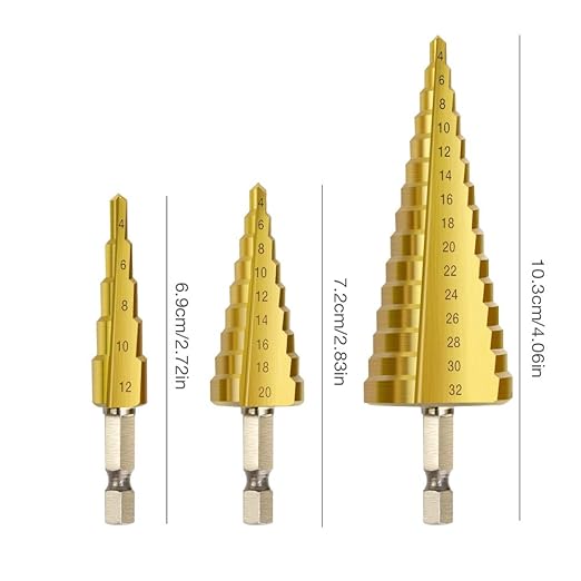 Metric Step Drill Set,Zhushan 3Pcs High-Speed Steel Shank Titanium Step Drill Bits for Sheet Metal Hole Drilling from 4-12mm/4-20mm/4-32mm