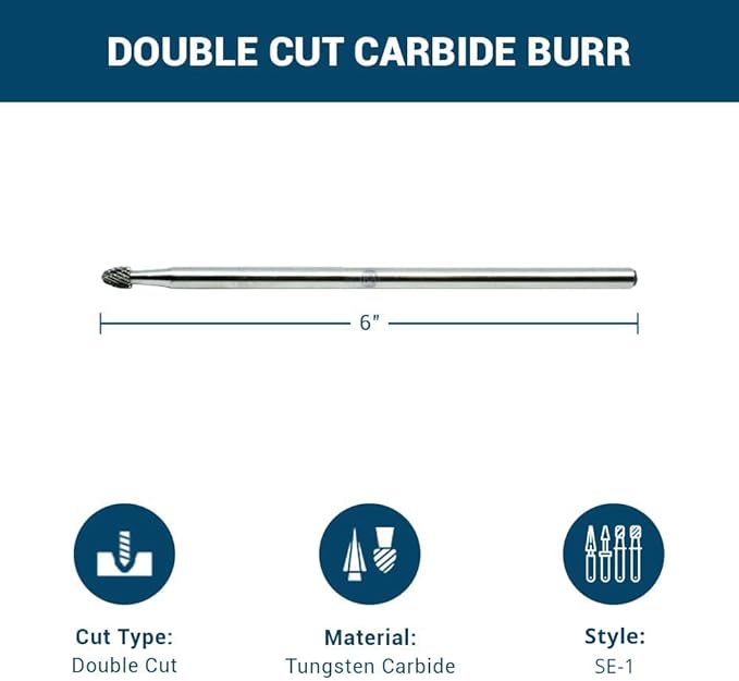 Benchmark Abrasives 6” Oval/Egg Shape Double Cut Tungsten Carbide Die Grinder Bits Metal Deburring Tool Rotary Burr, 1/4 Inch Shaft, Engraving Tool for Woodworking Shaping Carving (SE-1)