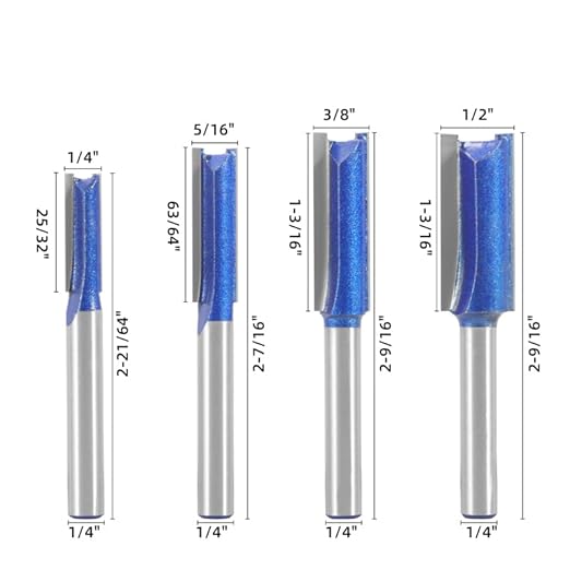 Professional Double Flute Straight Router Bits, 1/4 Shank Flush Trim Router Bit Set, Cutting Diameter Respectively 1/2”,1/4”, 3/8”,5/16” (Size 1)