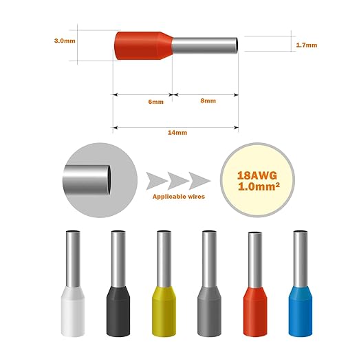18AWG /1.0mm² Pin Cord End Wire Ferrules Terminals Red, 500pcs AWG18 Wire Ferrules Terminals for Industrial, Electric System, Chemical Industry etc.